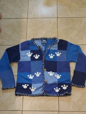 Vintage Rey Wear UK Paw Print Cardigan Hand-Knit Patchwork Sweater Size S
